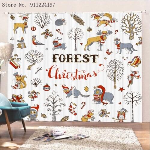 Cartoon Fox Animals Polyester Blackout Curtains Forest Christmas Window Curtain For Living Room Bedroom Decorative Children