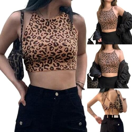 2021 New Womens Leopard Print Tank Tops, Sexy Sleeveless Crew Neck Letter Embroidery Tie Back Crop Tops