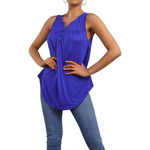 2021 New High Quality Summer Women Button V Neck Tops Patchwork Sleeveless T-Shirt Slim Vest Female Solid Basic Vest Shirt D30