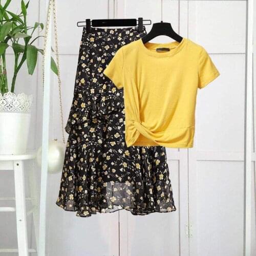 Womens 2020 summer Solid color Short Sleeve tshirt tops and Flower Printed skirt Casual Loose Ladies Bohemia Clothing Femme W260