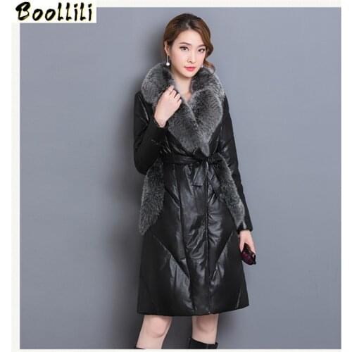 Boollili Womens Leather Jacket Winter Warm Coat Female White Goose Down Jackets Faux Fox Fur Collar Coats Parkas Mujer