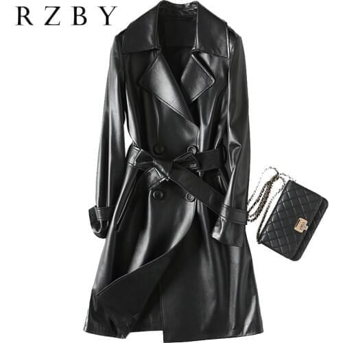 RZBY Women 100% sheepskin autumu long warm jacket genuine slim lapel leather coat RZBY232