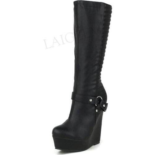 BERZIMER Women Knee High Boots Faux Leather Wedges Side Zip Tall Boots Botas Mujer Shoes Woman Large Size 43 44 45 46 47 50 52