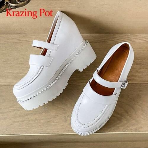 Krazing Pot genuine leather round toe super high heels buckle strap Mary janes young lady streetwear fashion women pumps L5f1