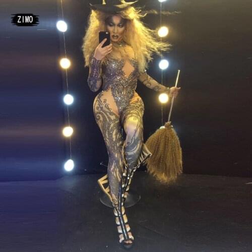 Fashion crystal Bodysuit print Black Rhinestone Long Sleeve Sexy Jumpsuit Women Birthday Tight club party dance Costume festival