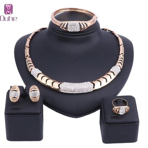 Women Dubai Gold Color Crystal Jewelry Sets Costume Design Brand Nigerian Wedding Necklace Ring Fashion African Beads Jewelry
