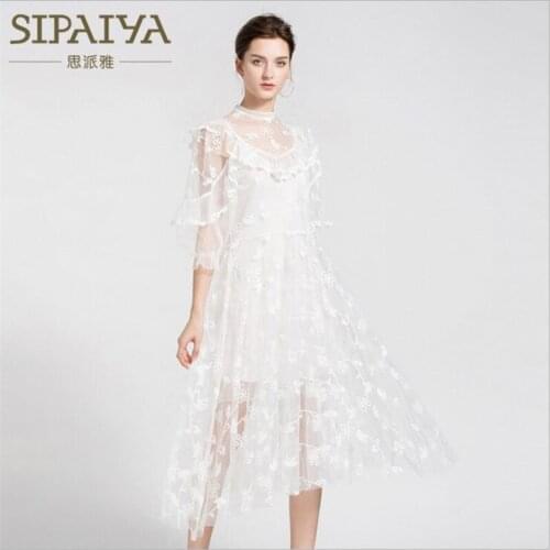 SIPAIYA Two Pieces Perspective Women Dresses Puff Three Quarter Sleeve Lace Embroidery For Sweety Lady Party Wear Princess Dress