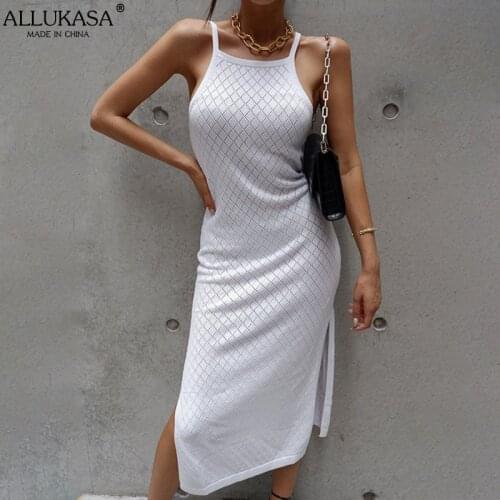 Allukasa Sexy Sleeveless Dress Summer Casual Club Slim Solid Women Clothing Ladies Hollow Out Split Bodycon Elegant Club Dresses