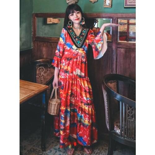 Summer New Ins Womens Southeast Asia Travel Printing Trumpet Sleeves Slimming Dress Bohemia Retro Embroidery Long Dress
