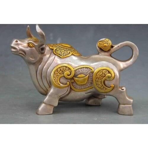 4 Chinese White Copper Silver Fengshui Lucky Wealth RuYi YuanBao Cattle Wild ox