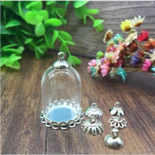 5sets/lot 25*18mm Transparent glass globe silver plated filigree DOUBLE LACE base tray cap charm vial pendant bottle dome