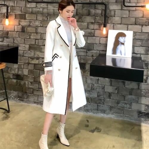 White Over The Knee Woolen Coat Womens Mid-Long Autumn And Winter British Hepburn Style Thicken Slim Black Double Breasted Coat
