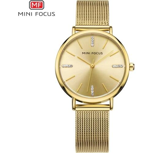 MINI FOCUS Royal Dress Golden Women Watches Quartz Clock Ultra Thin Mesh Strap Crystal Decoration Top Brand Luxury Ladies Watch