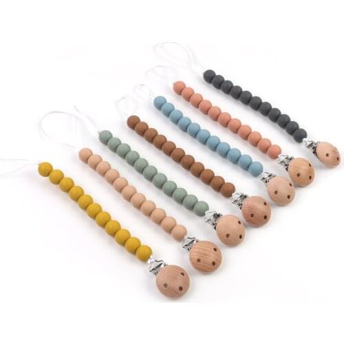 Baby Pacifier Chain Silicone wooden Beads Cute Cartoon Molar Teether Toy Pacifier Anti-Lost Chain Holder Clips dropshipping