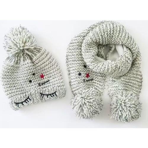 Ash Toddler Furry Hat &Scarf Set Eye Embroidery Crochet Baby Beanies Kids Fall Winter Baby Cap Handmade Windproof Earmuffs Cap
