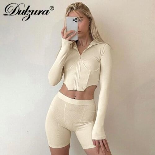 Dulzura 2021 Autumn Winter Women Ribbed 2 Pieces Long Sleeve Hoodie Corset Crop Top Biker Shorts Set Patchwork Tracksuit Outfit