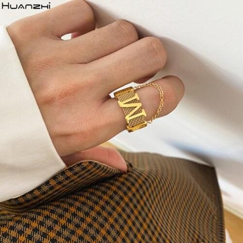 HUANZHI 2020 New Fashion Personality Titanium Steel M letter Chain Wide Metal Geometric Round Ring Punk for Couple Party Jewelry