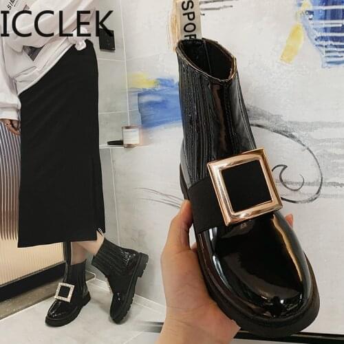 ICCLEK Autumn Winter Patent Leather Ankle Boots Women Motorcycle Boots Female Shoes Woman Thick Sole Buckle Punk Boots A070