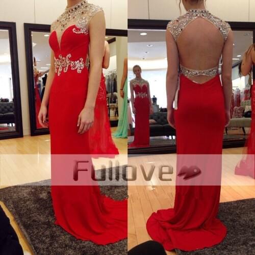 Exquisite Red Crystal Beaded Chiffon Evening Dresses Long 2019 High Neck Backless Mermaid Formal Dress Vestido De Festa Longue