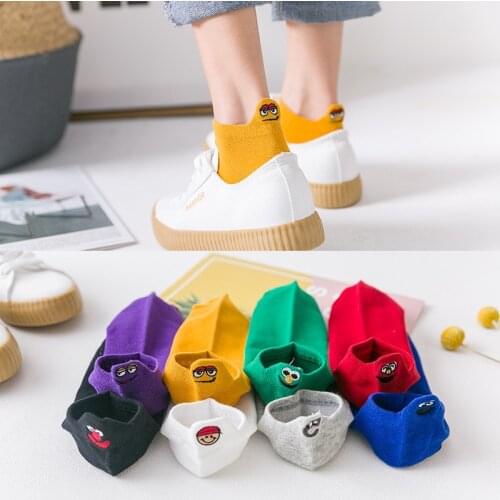 Kawaii Embroidered Expression Candy Color Woman Socks Happy Fashion Girls Ankle Funny Socks Women Cotton Summer 1 Pair