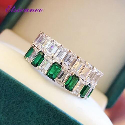 ELSIEUNEE 100% 925 Sterling Silver Created Moissanite Emerald Anniversary Cocktail Party Rings for Women Wholesale Jewlery Gift