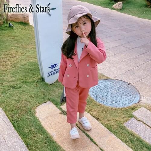Spring Autumn girls 2 pcs set baby blazer + pants kids suit children brand clothes turn down collar pink solid 3 to 7 yrs