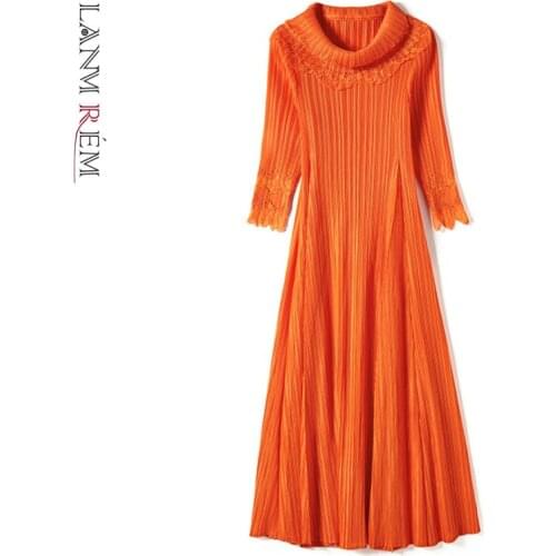 LANMREM Lace Patchwork Dress For Women 2021 Summer A-line Medium Length Dresses Pleated Solid Color Dresses 2D3934