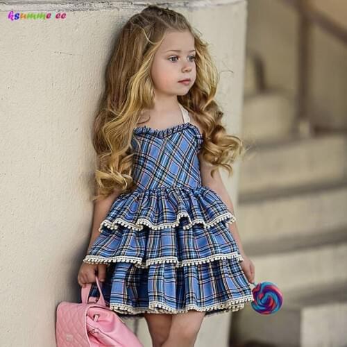 Toddler Kids Baby Girls Layered Tutu Dresses Summer Lace Ruffled Plaid Pageant Party Princess Dress Children Cotton Clothes