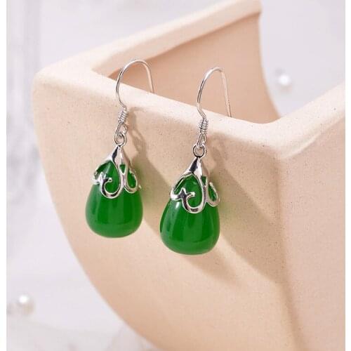 Pure S925 water drop earrings inlaid with green semi-precious stone classic female high-end fashion Chinese style earrings
