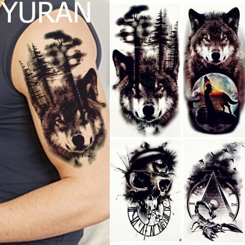 YURAN Black Forest Wolf Tattoos Temporary Men Arm Legs Body Art Tattoo Stickers Women Moon Birds Scorpion Big Fake Tree Tatoos