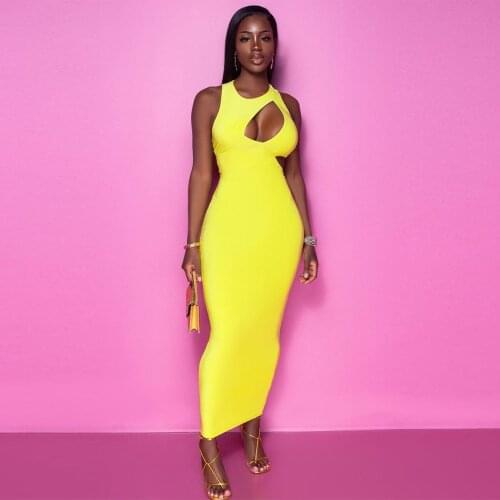 Yellow Waist Band Cut Out Backless Pencil Dress Woman Sexy Hollow Cleavage Sleeveless Skinny Dress Chic Female Body-shaped Robe
