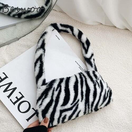 Winter Fur Single shoulder Bag Zebra Print Cute Underarm bags for Women Animal Printed Plush Designer Handbags Female Bag Ins