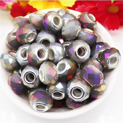 20Pcs 14x8mm Cut Glass Murano Charms Large Hole Spacer Beads Silver Plated Fit Pandora Bracelet Necklace Hair Beads DIY Jewelry