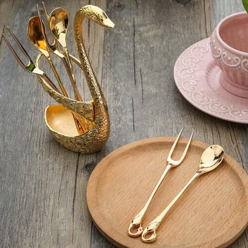 7Pcs Swan Base Holder Dessert Forks Set Stainless Steel Salad Fruit Forks Coffee Spoon Cake Tableware Tools Zero Waste Flatware