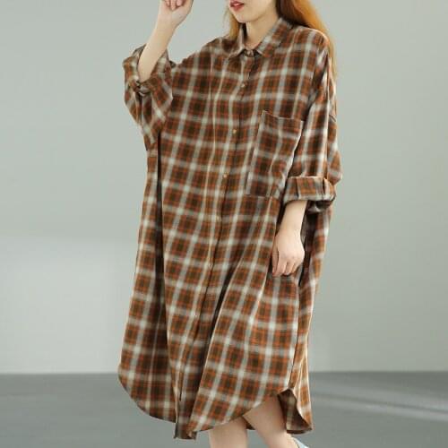 Long-Sleeved Plaid Blouses 2021 Autumn New Simple Shirt Skirt Loose Long Dress Long-sleeved Ladies Casual Shirt Women Clothes
