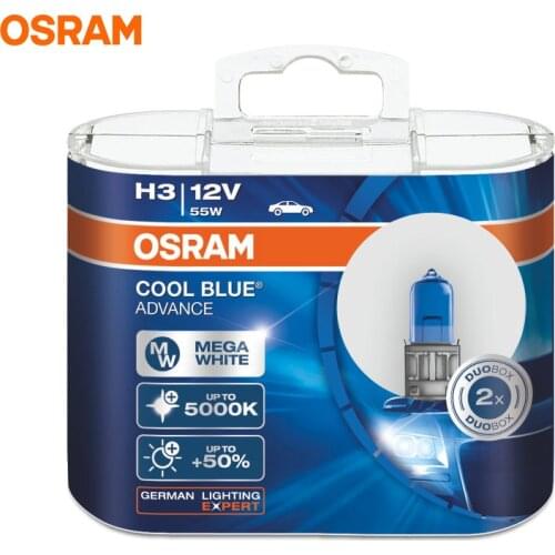 OSRAM H3 5000K 12V 55W 62151CBA Cool Blue Advance Halogen Lamps Xenon Mega White 50% More Light Car Fog Light OEM Bulbs (2 Pcs)