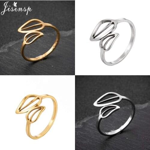Jisensp Trendy Stainless Steel Leaf Shape Rings for Women Girls 2021 New Fashion Hollow Leaves Ring Finger Jewelry High Quality