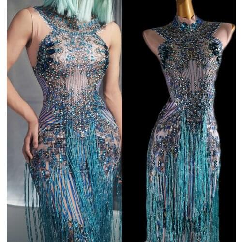 Sparkly Blue Fringes Dress Singer Performance Tassels Dresses Party Celebrate Glisten Rhinestones Costume Stage Show Wear DT832
