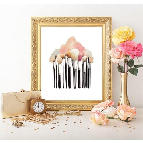 Makeup Brushes Pink Poster Prints Beauty Salon Decor Watercolor Brushes Make UP Vanity Wall Art Canvas Painting Girls Gift