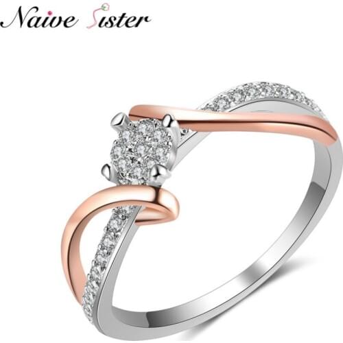 Fashion 2 Tone Rings For Women Classic Ladies Wedding Jewelry Rose Gold Color Shiny CZ Stone AAA Cubic Zirconia Crystal Copper