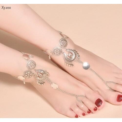 Fashion Alloy Round Flower Toe Ring Water Drop Sequins Anklet Foot Chains