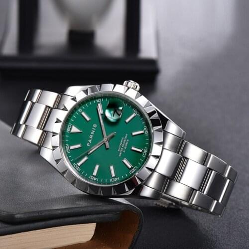 PARNIS Green Automatic Men Watch Sapphire Crystal 21 Jewels MIYOTA 8215 Movement Oyster Bracelet Sapphire Crystal Date Window