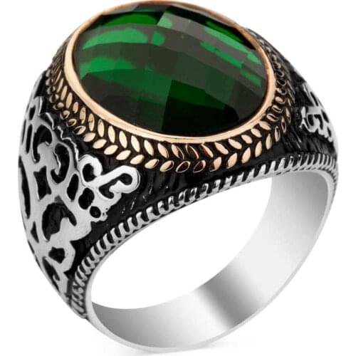 Modern Luxury Silver Ring Silver Faceted Oval Green Zircon Gemstone Ring Handcarved Men Ring
