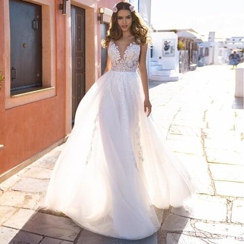 New Arrival 2020 Wedding Dress Sleeveless V-neck See-through Lace Applique A-line Tulle Bridal Gown Vestido De Noiva
