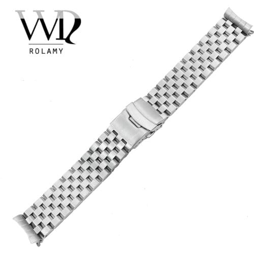 Rolamy 22mm Silver Hollow Curved End Solid Links Replacement Watch Band Strap Bracelet Double Push Clasp For Seiko SKX007