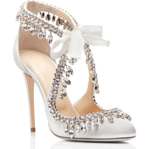 Bling Bling Crystal Wedding Shoes White Satin Fabric High Heel Pumps Fringe Rhinestone Heels Lace-up Glitter Shoes