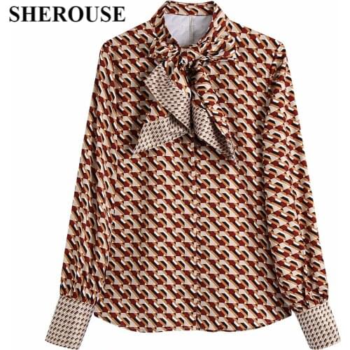 SHEROUSE Fashion Women Geometric printed Shirt Vintage Single Breasted Long Sleeves Bow Collar Woman Shirts Chic Tops Blouse
