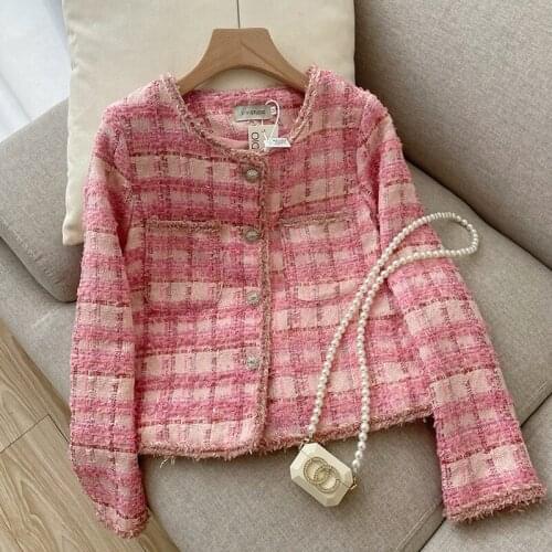 High Quality Korean Vintage Tweed Jacket Women Autumn Plaid Pink Coat Single Breasted Tassel Woolen Jackets Office Lady Outwear