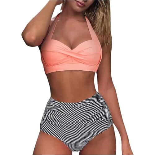 TELOTUNY Womens swimsuits 2021 Women Vintage Padded Bra Swimwear Two Piece Halter Ruched High Waist Print Bikini Set Beachwear