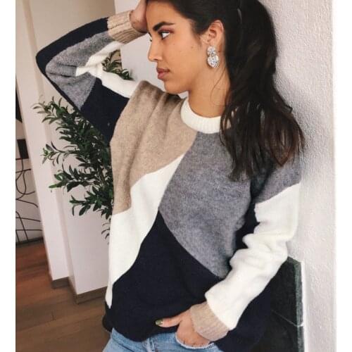 Women New Fashion Patchwork Sweater Casual Long Sleeve O-neck Pullover Knitwear Female Elegant Loose Warm Streetwear Autumn 2020
